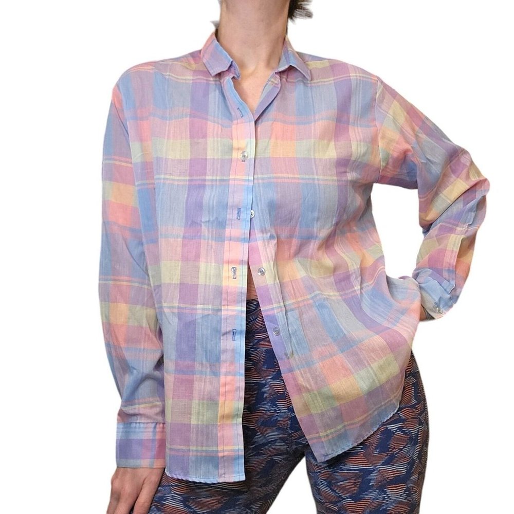 Pastel Plaid Womens Thin Button Up Shirt Large‎ Vintage 70s 80s Soft Girl